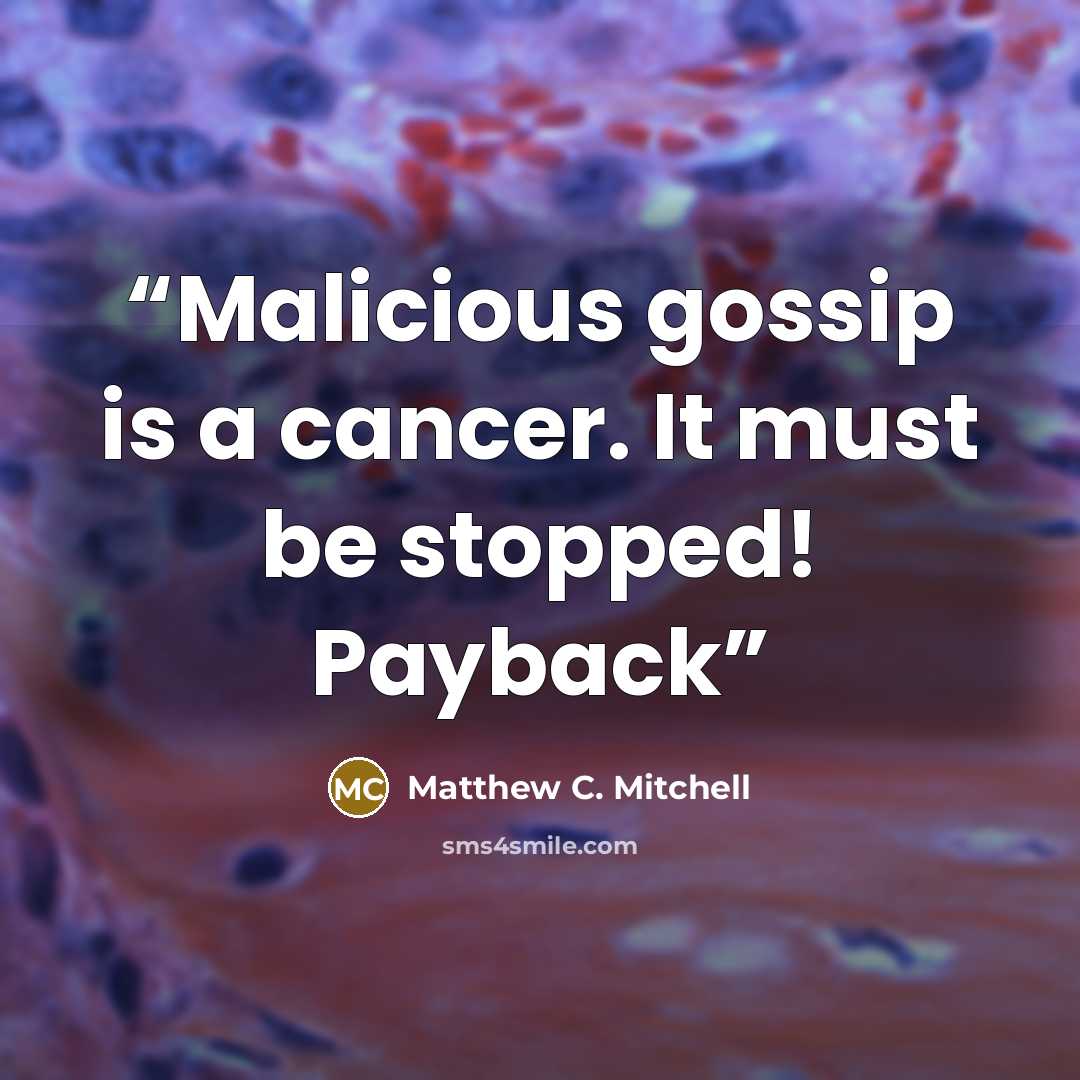 “Malicious gossip is a cancer. It must be stopped! Payback” quote by Matthew C. Mitchell