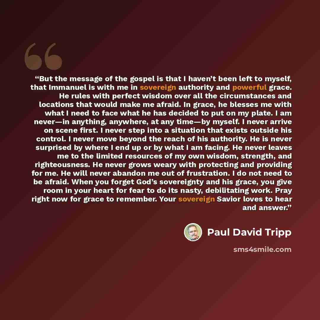“But the message of the gospel is that I haven’t been left to myself, that Immanuel is with me in sovereign authority and powerful grace. He rules with perfect wisdom over all the circumstances and locations that would make me afraid. In grace, he blesses me with what I need to face what he has…” quote by Paul David Tripp
