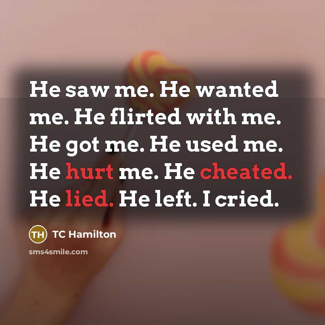 “He saw me. He wanted me. He flirted with me. He got me. He used me. He hurt me. He cheated. He lied. He left. I cried.” quote by TC Hamilton