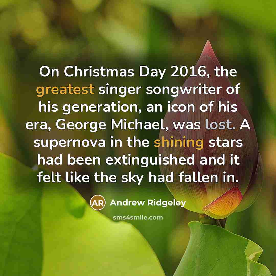 “On Christmas Day 2016, the greatest singer songwriter of his generation, an icon of his era, George Michael, was lost. A supernova in the shining stars had been extinguished and it felt like the sky had fallen in.” quote by Andrew Ridgeley