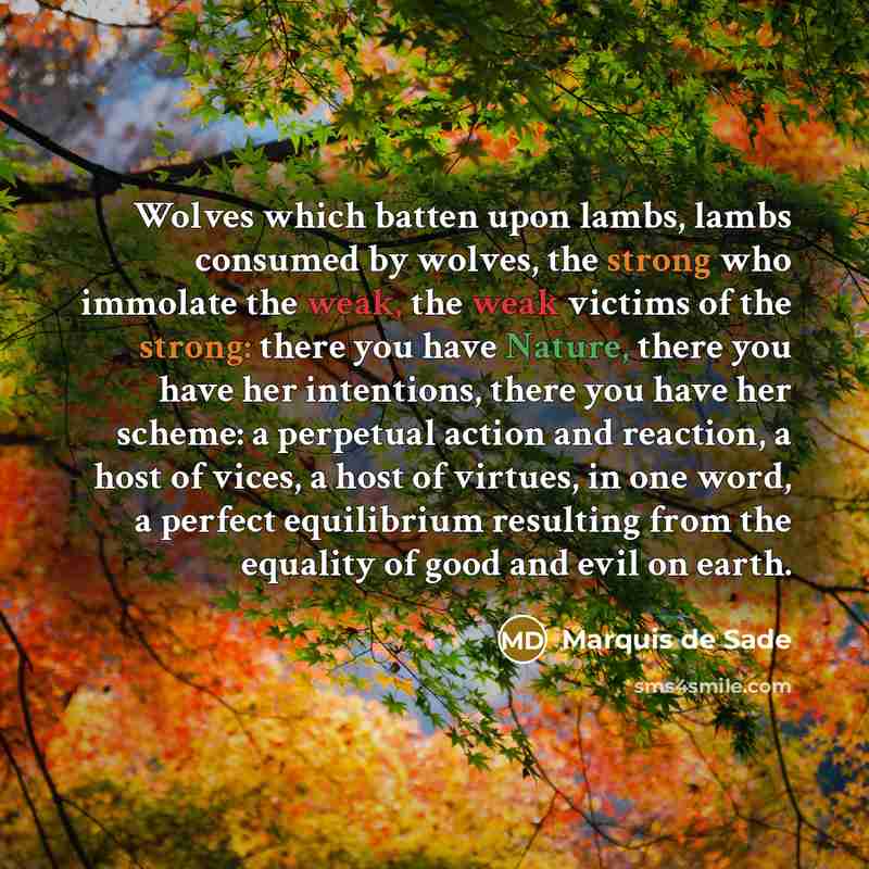“Wolves which batten upon lambs, lambs consumed by wolves, the strong who immolate the weak, the weak victims of the strong: there you have Nature, there you have her intentions, there you have her scheme: a perpetual action and reaction, a host of vices, a host of virtues, in one word, a perfect…” quote by Marquis de Sade