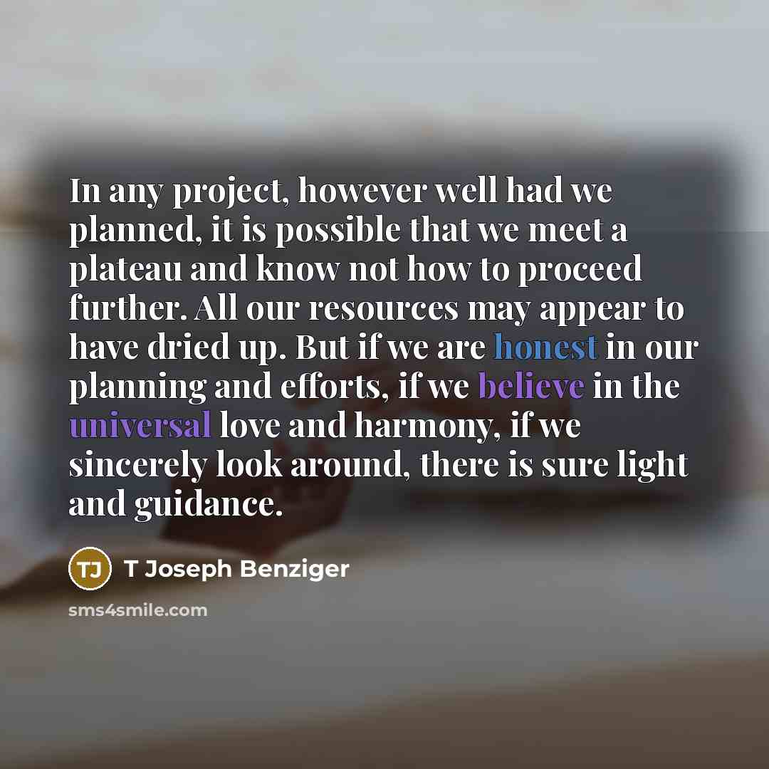 “In any project, however well had we planned, it is possible that we meet a plateau and know not how to proceed further. All our resources may appear to have dried up. But if we are honest in our planning and efforts, if we believe in the universal love and harmony, if we sincerely look around…” quote by T Joseph Benziger