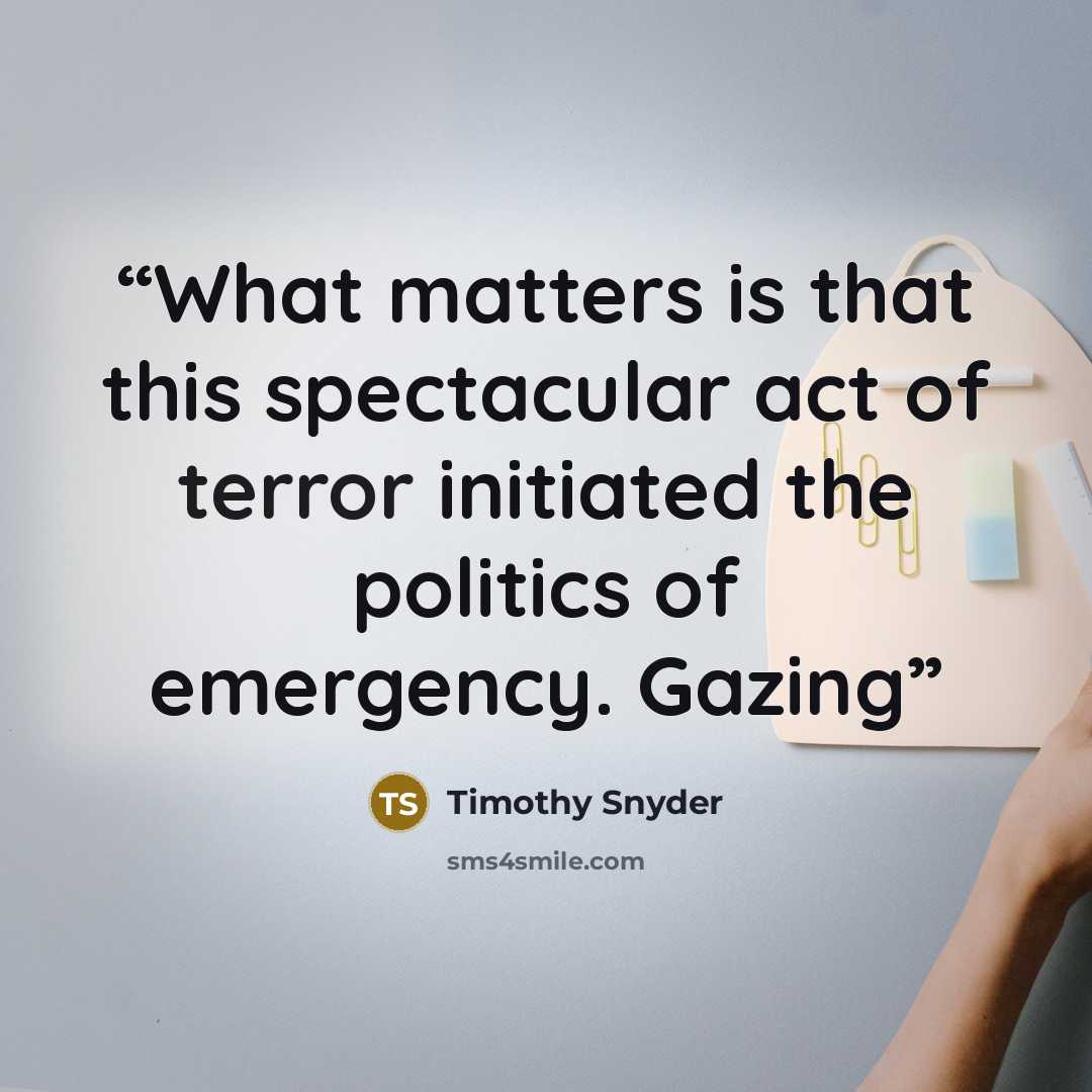 “What matters is that this spectacular act of terror initiated the politics of emergency. Gazing” quote by Timothy Snyder