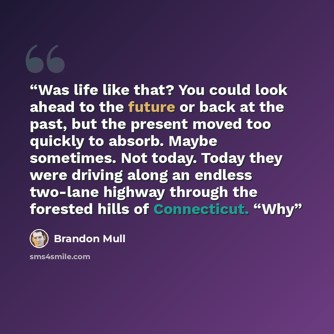 “Was life like that? You could look ahead to the future or back at the past, but the present moved too quickly to absorb. Maybe sometimes. Not today. Today they were driving along an endless two-lane highway through the forested hills of Connecticut. “Why” quote by Brandon Mull