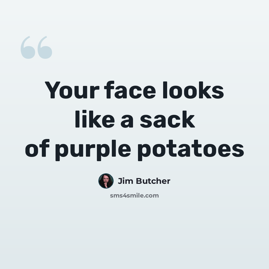 “Your face looks like a sack of purple potatoes” quote by Jim Butcher
