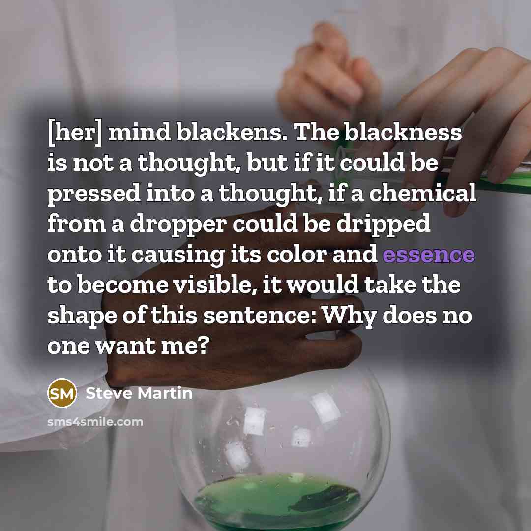 “[her] mind blackens. The blackness is not a thought, but if it could be pressed into a thought, if a chemical from a dropper could be dripped onto it causing its color and essence to become visible, it would take the shape of this sentence: Why does no one want me?” quote by Steve Martin