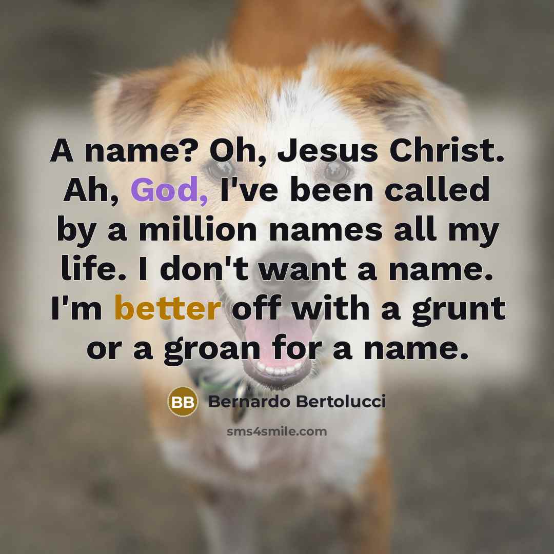 “A name? Oh, Jesus Christ. Ah, God, I've been called by a million names all my life. I don't want a name. I'm better off with a grunt or a groan for a name.” quote by Bernardo Bertolucci