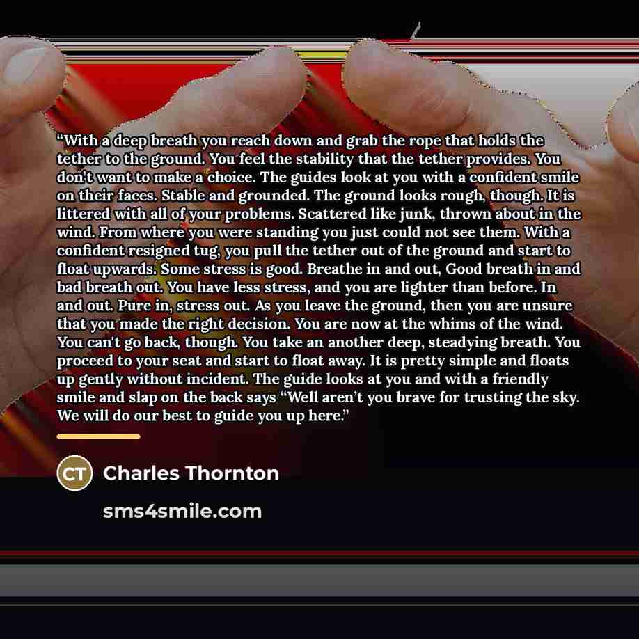 “With a deep breath you reach down and grab the rope that holds the tether to the ground. You feel the stability that the tether provides. You don’t want to make a choice. The guides look at you with a confident smile on their faces. Stable and grounded. The ground looks rough, though. It is…” quote by Charles Thornton