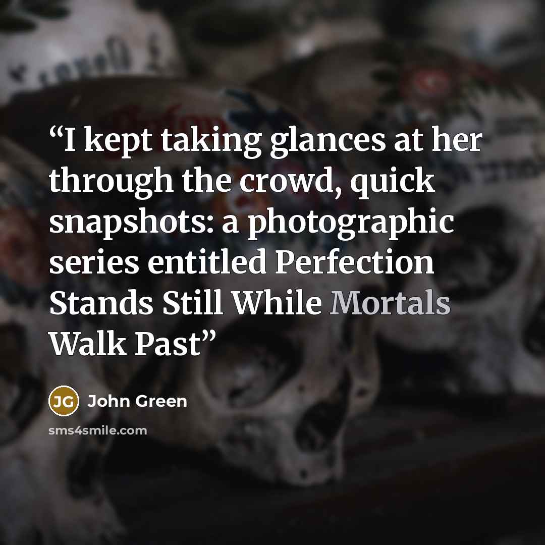 “I kept taking glances at her through the crowd, quick snapshots: a photographic series entitled Perfection Stands Still While Mortals Walk Past” quote by John Green