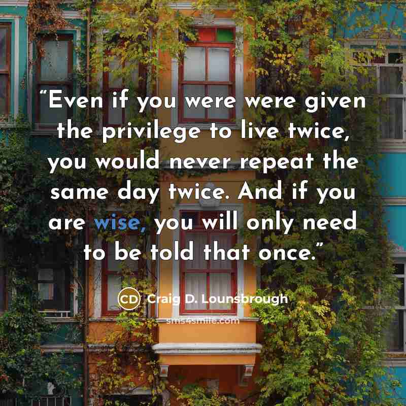 “Even if you were were given the privilege to live twice, you would never repeat the same day twice. And if you are wise, you will only need to be told that once.” quote by Craig D. Lounsbrough