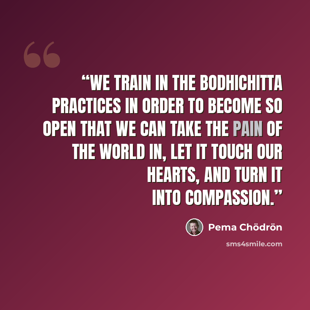 “We train in the bodhichitta practices in order to become so open that we can take the pain of the world in, let it touch our hearts, and turn it into compassion.” quote by Pema Chödrön