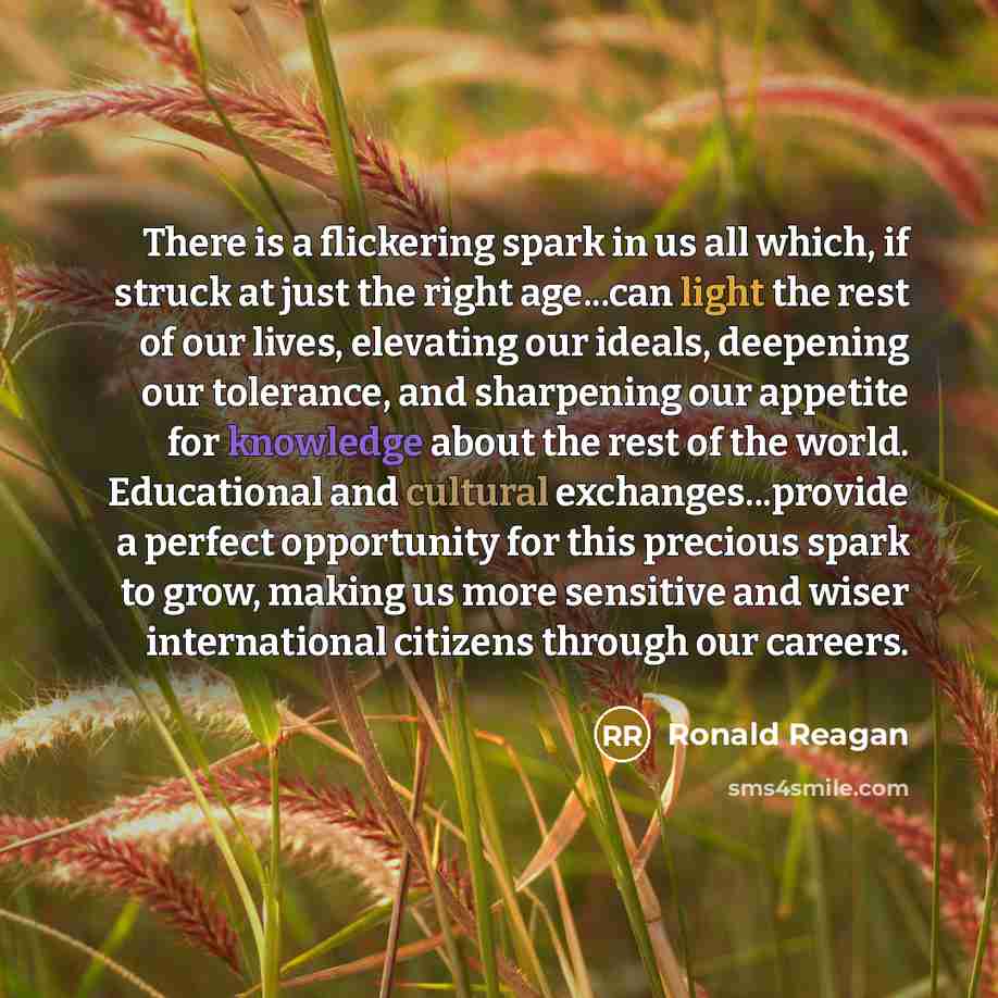“There is a flickering spark in us all which, if struck at just the right age...can light the rest of our lives, elevating our ideals, deepening our tolerance, and sharpening our appetite for knowledge about the rest of the world. Educational and cultural exchanges...provide a perfect opportunity…” quote by Ronald Reagan