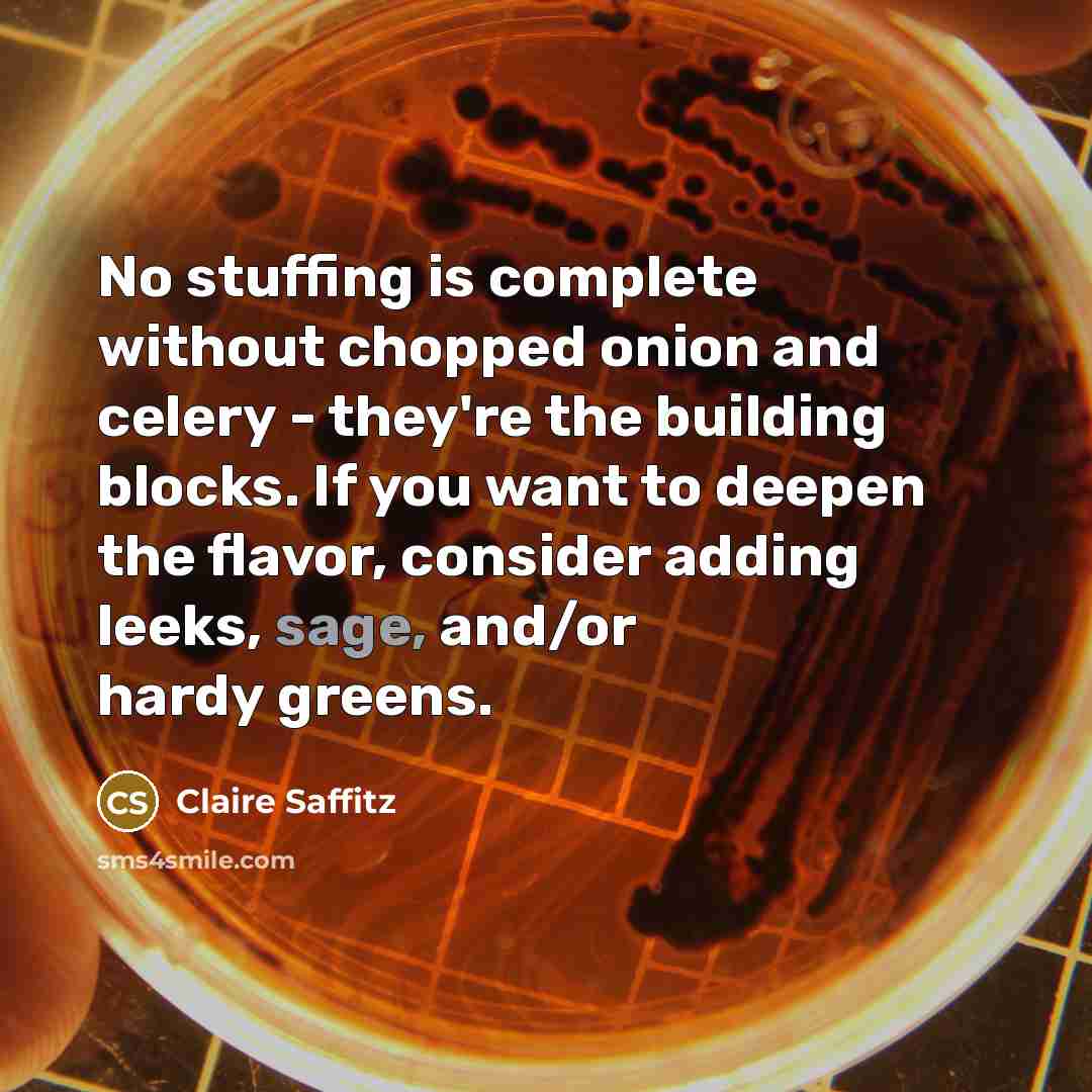 “No stuffing is complete without chopped onion and celery - they're the building blocks. If you want to deepen the flavor, consider adding leeks, sage, and/or hardy greens.” quote by Claire Saffitz