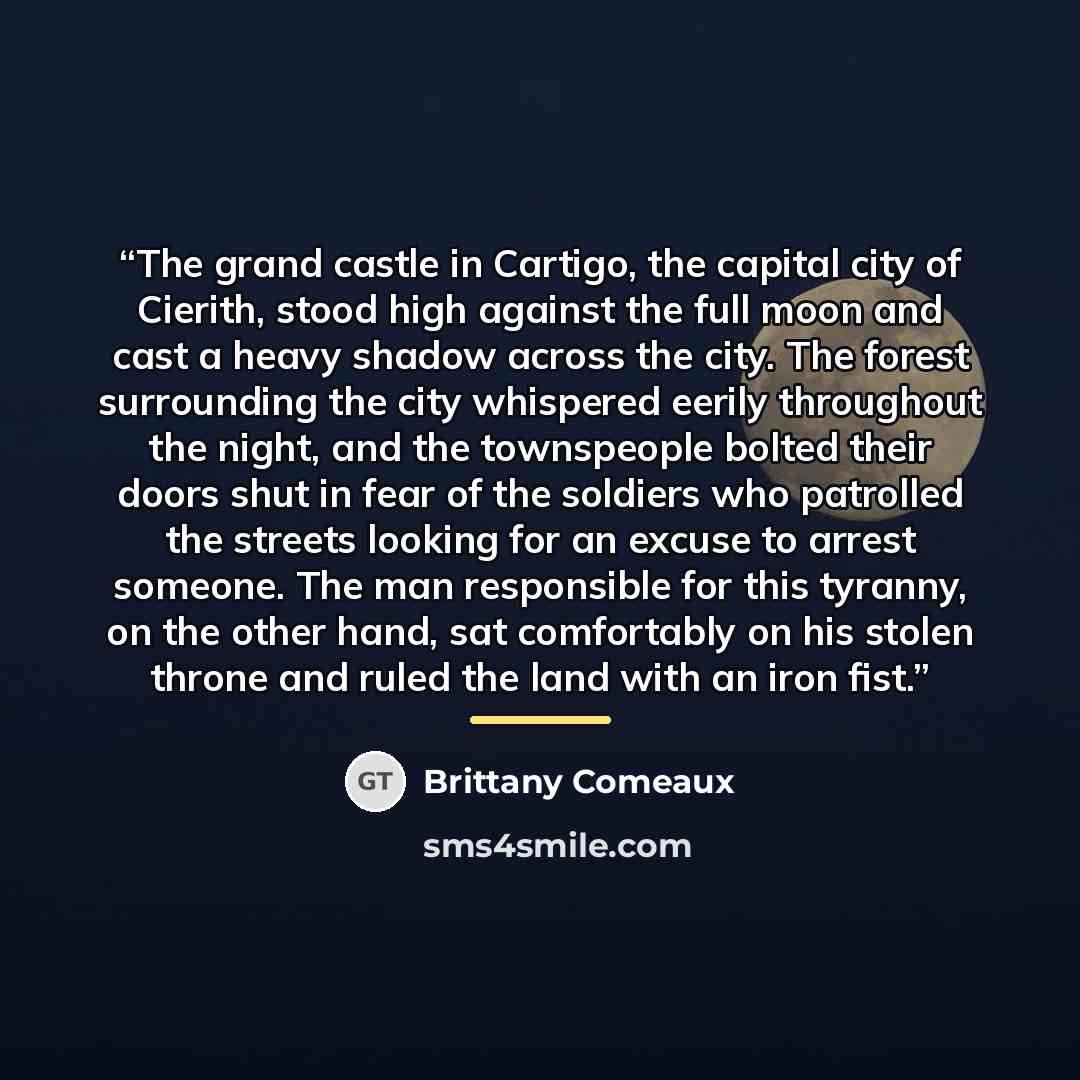 “The grand castle in Cartigo, the capital city of Cierith, stood high against the full moon and cast a heavy shadow across the city. The forest surrounding the city whispered eerily throughout the night, and the townspeople bolted their doors shut in fear of the soldiers who patrolled the streets…” quote by Brittany Comeaux