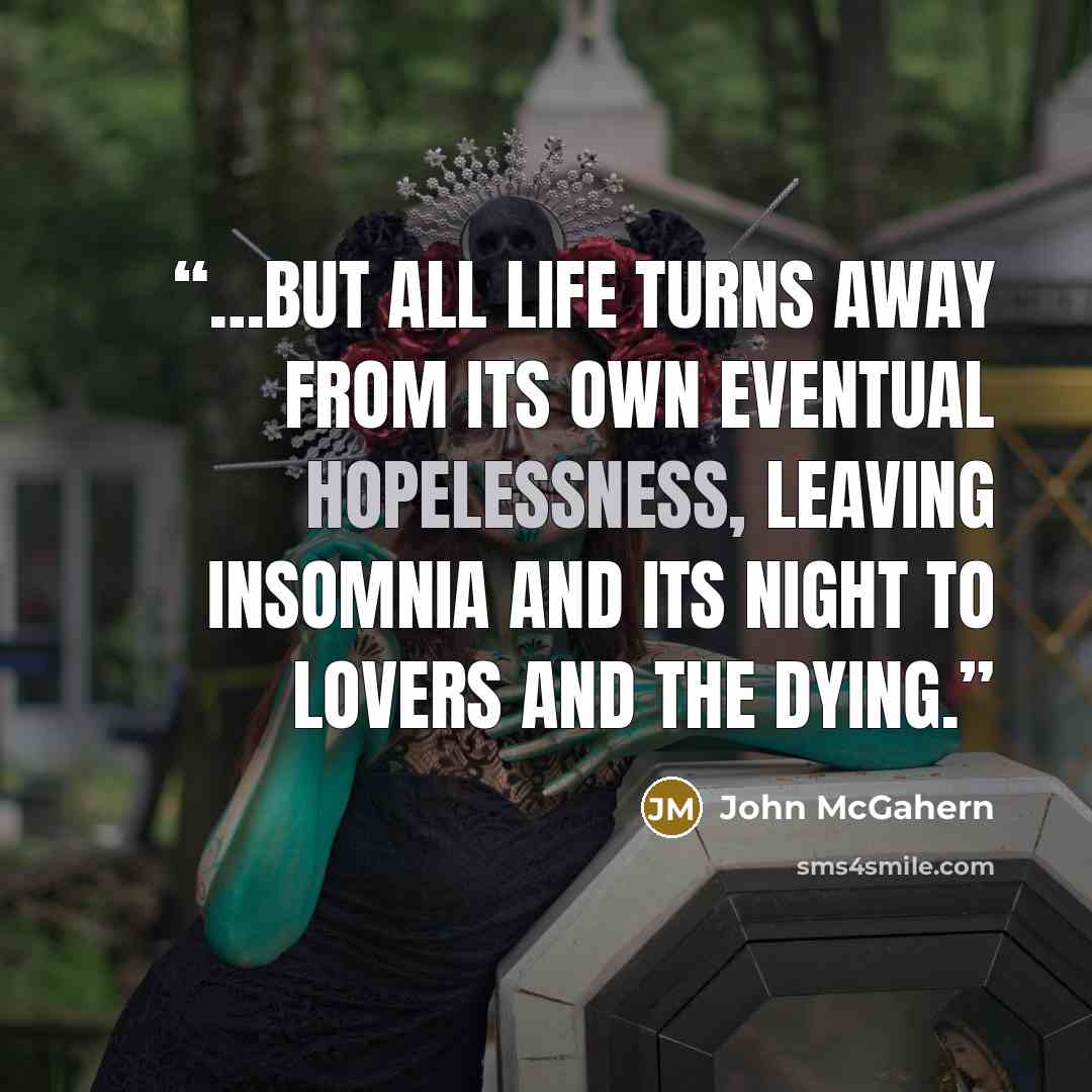 “…But all life turns away from its own eventual hopelessness, leaving insomnia and its night to lovers and the dying.” quote by John McGahern