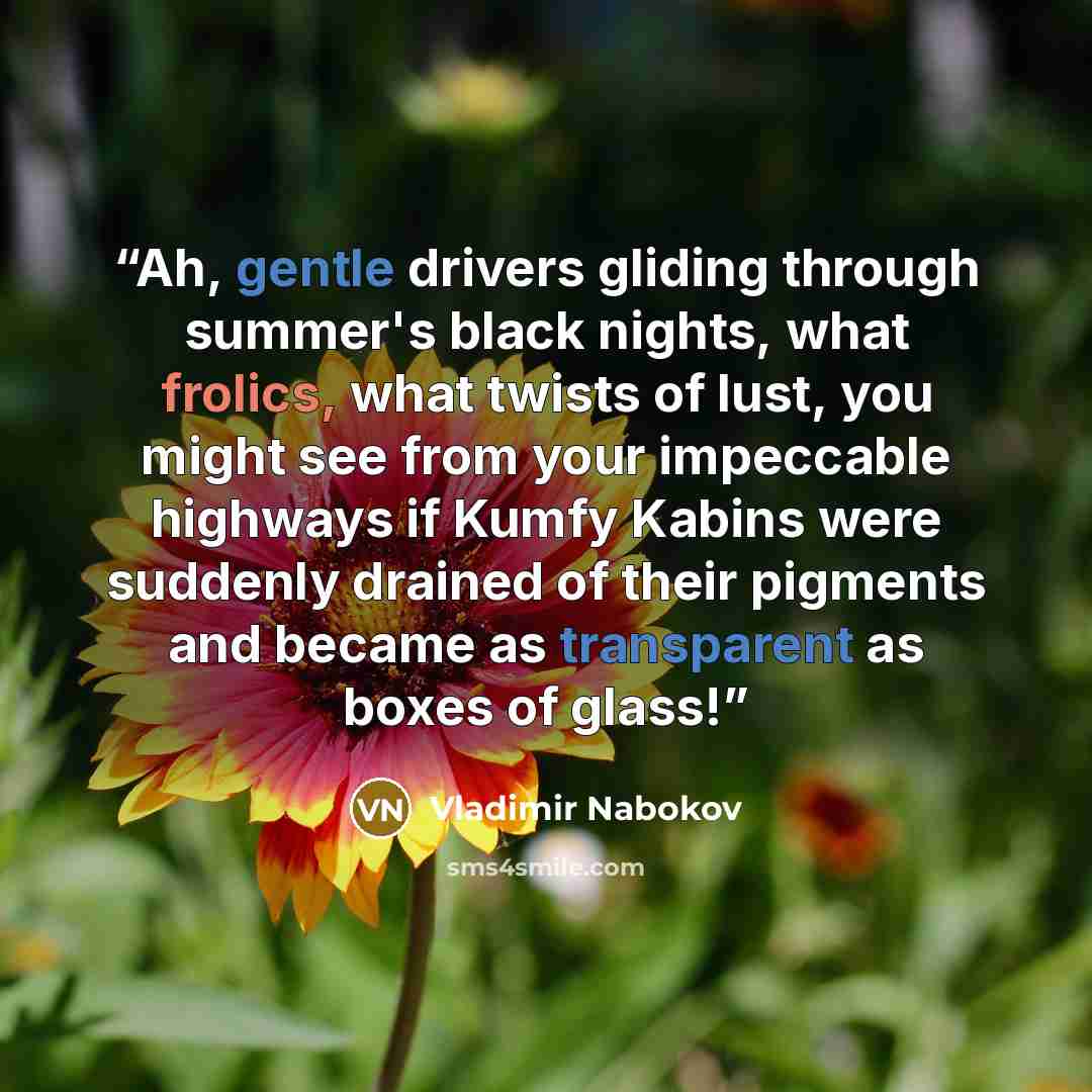 “Ah, gentle drivers gliding through summer's black nights, what frolics, what twists of lust, you might see from your impeccable highways if Kumfy Kabins were suddenly drained of their pigments and became as transparent as boxes of glass!” quote by Vladimir Nabokov