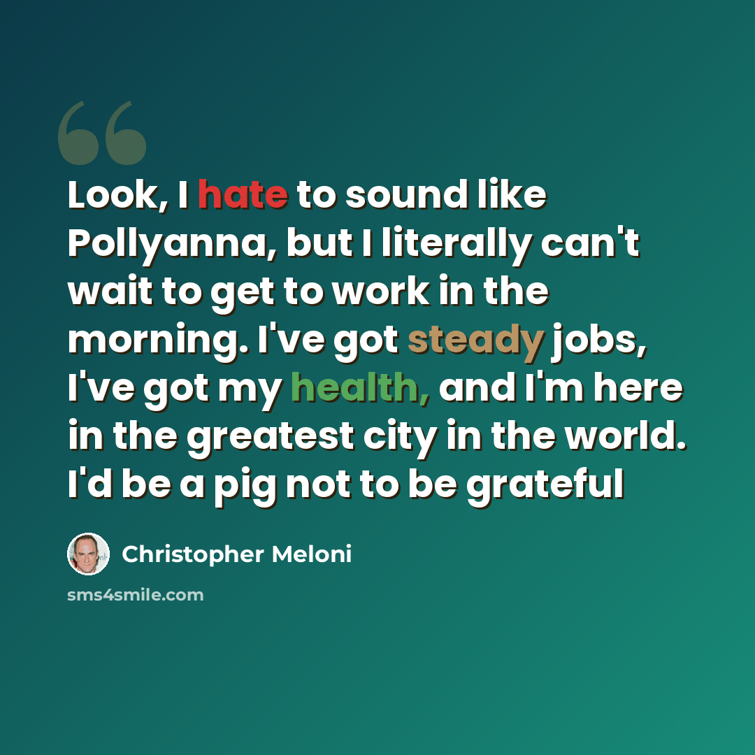 “Look, I hate to sound like Pollyanna, but I literally can't wait to get to work in the morning. I've got steady jobs, I've got my health, and I'm here in the greatest city in the world. I'd be a pig not to be grateful” quote by Christopher Meloni