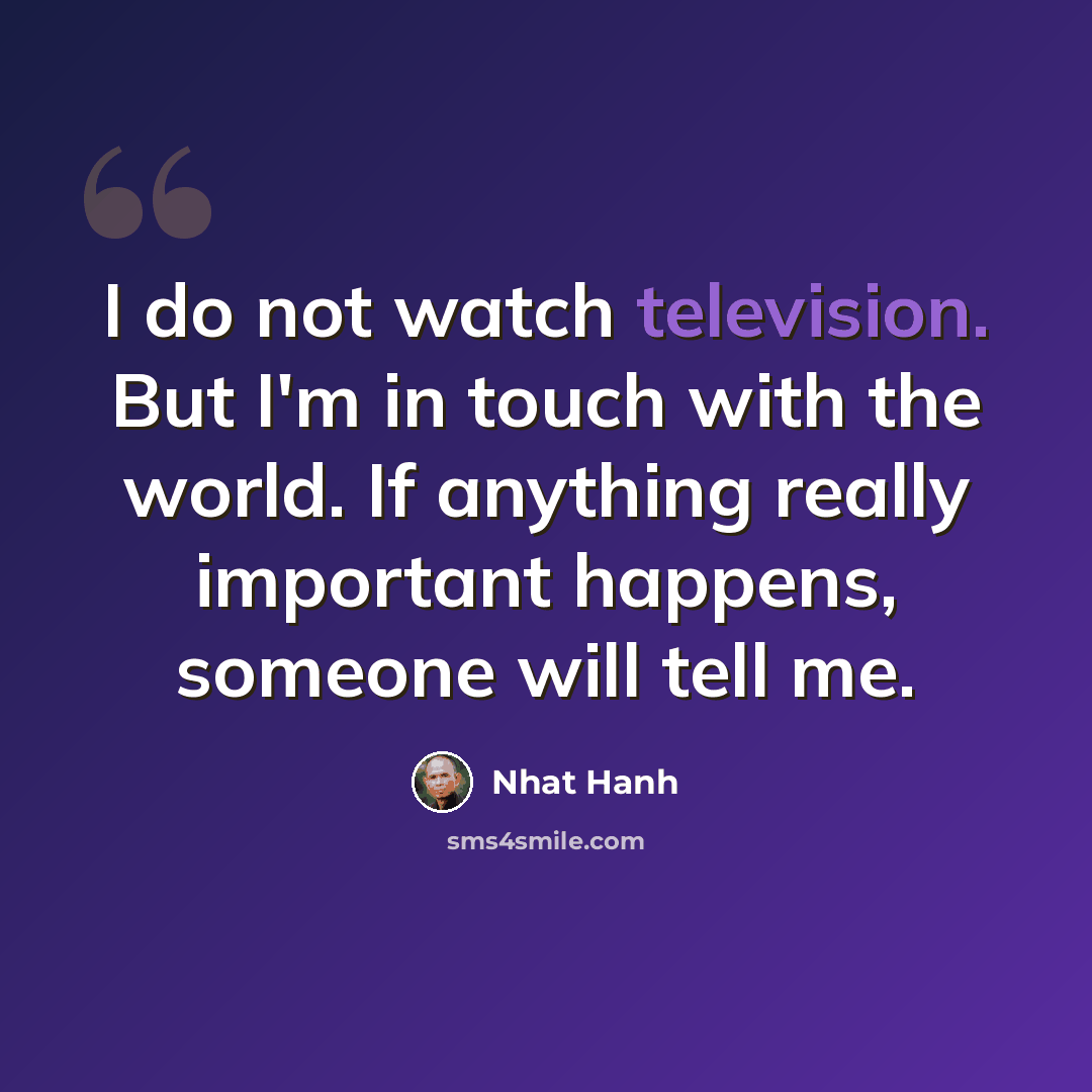 “I do not watch television. But I'm in touch with the world. If anything really important happens, someone will tell me.” quote by Nhat Hanh
