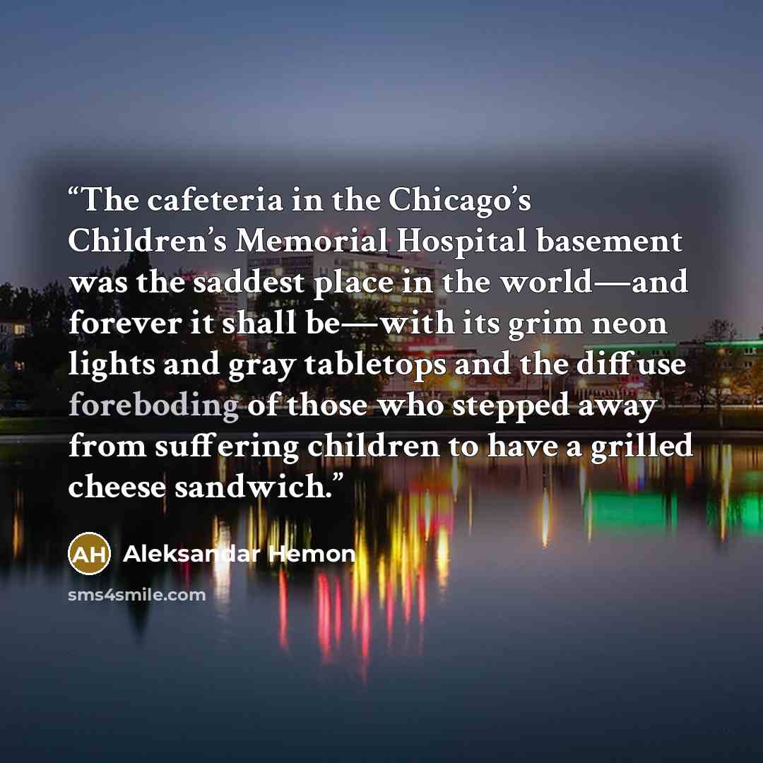 “The cafeteria in the Chicago’s Children’s Memorial Hospital basement was the saddest place in the world—and forever it shall be—with its grim neon lights and gray tabletops and the diffuse foreboding of those who stepped away from suffering children to have a grilled cheese sandwich.” quote by Aleksandar Hemon