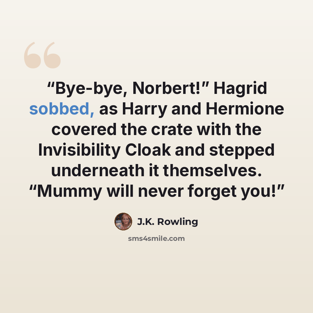 “Bye-bye, Norbert!” Hagrid sobbed, as Harry and Hermione covered the crate with the Invisibility Cloak and stepped underneath it themselves. “Mummy will never forget you!” quote by J.K. Rowling