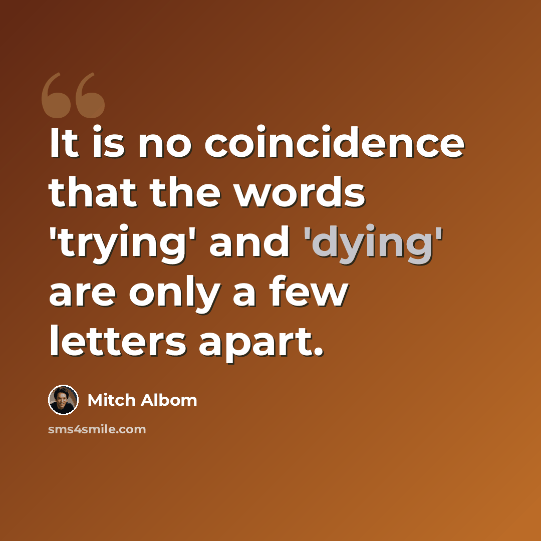 “It is no coincidence that the words 'trying' and 'dying' are only a few letters apart.” quote by Mitch Albom