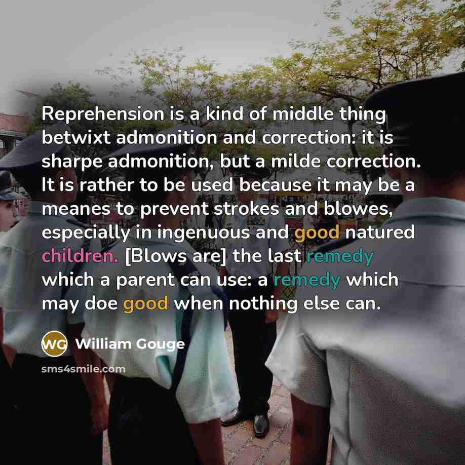 “Reprehension is a kind of middle thing betwixt admonition and correction: it is sharpe admonition, but a milde correction. It is rather to be used because it may be a meanes to prevent strokes and blowes, especially in ingenuous and good natured children. [Blows are] the last remedy which a parent…” quote by William Gouge