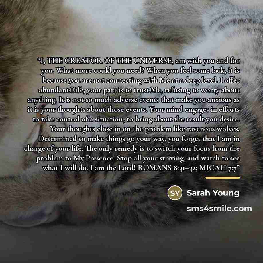 “I, THE CREATOR OF THE UNIVERSE, am with you and for you. What more could you need? When you feel some lack, it is because you are not connecting with Me at a deep level. I offer abundant Life; your part is to trust Me, refusing to worry about anything. It is not so much adverse events that make…” quote by Sarah Young