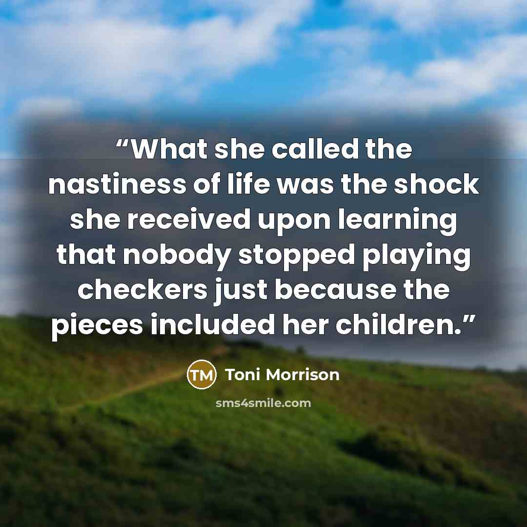 “What she called the nastiness of life was the shock she received upon learning that nobody stopped playing checkers just because the pieces included her children.” quote by Toni Morrison