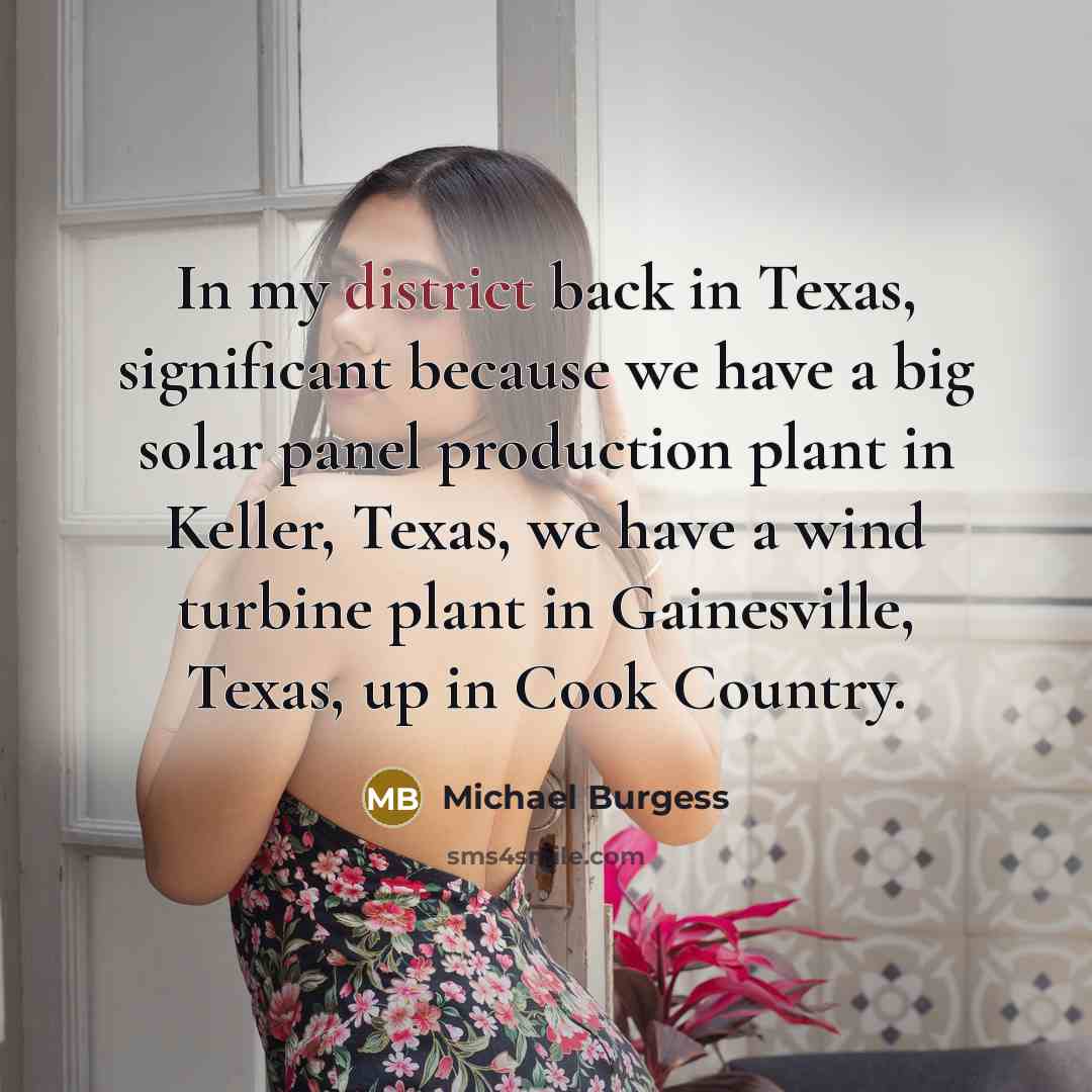 “In my district back in Texas, significant because we have a big solar panel production plant in Keller, Texas, we have a wind turbine plant in Gainesville, Texas, up in Cook Country.” quote by Michael Burgess