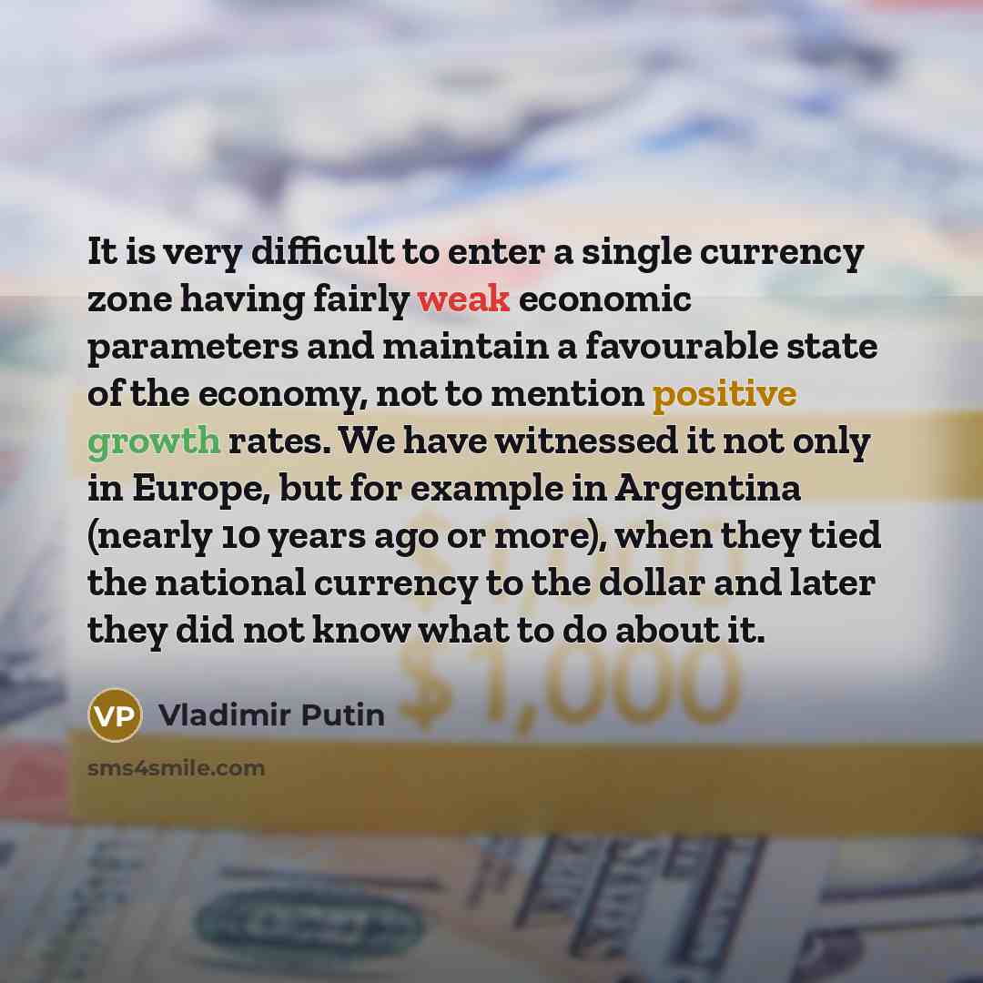 “It is very difficult to enter a single currency zone having fairly weak economic parameters and maintain a favourable state of the economy, not to mention positive growth rates. We have witnessed it not only in Europe, but for example in Argentina (nearly 10 years ago or more), when they tied the…” quote by Vladimir Putin