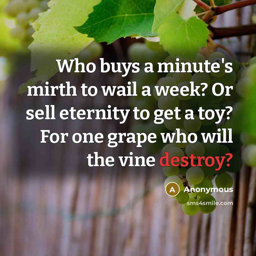 “Who buys a minute's mirth to wail a week? Or sell eternity to get a toy? For one grape who will the vine destroy?” quote by Anonymous
