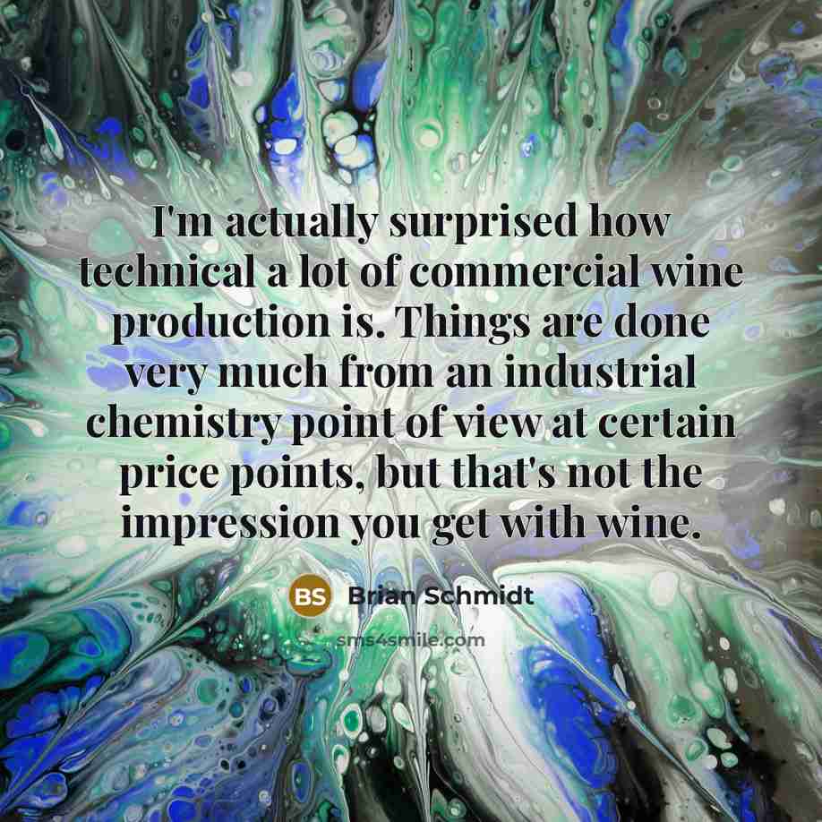 “I'm actually surprised how technical a lot of commercial wine production is. Things are done very much from an industrial chemistry point of view at certain price points, but that's not the impression you get with wine.” quote by Brian Schmidt