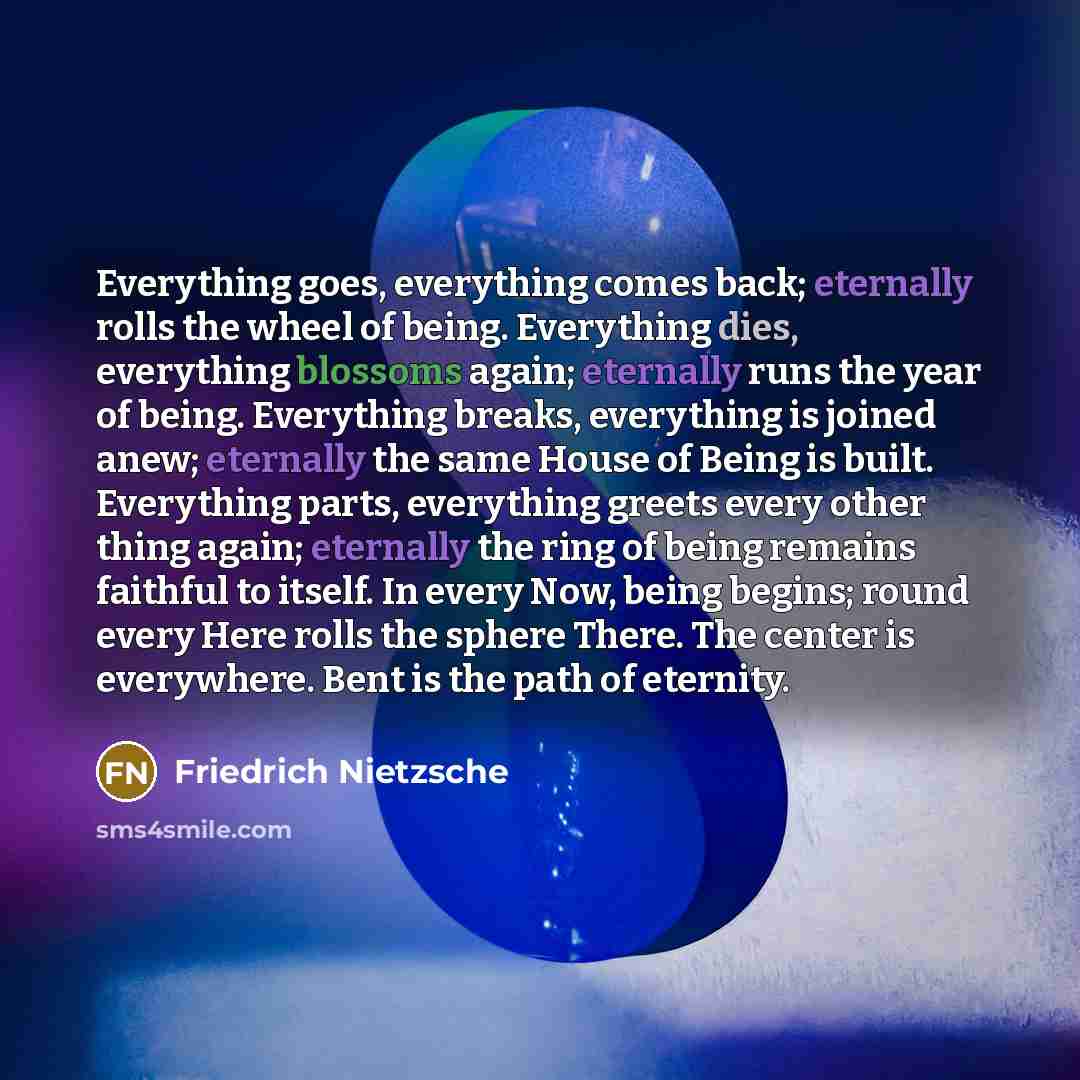 “Everything goes, everything comes back; eternally rolls the wheel of being. Everything dies, everything blossoms again; eternally runs the year of being. Everything breaks, everything is joined anew; eternally the same House of Being is built. Everything parts, everything greets every other thing…” quote by Friedrich Nietzsche
