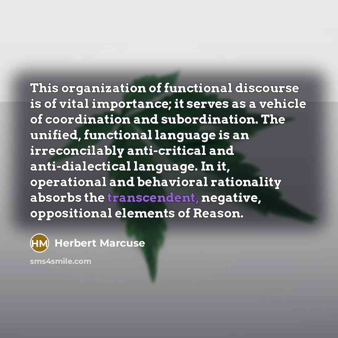 “This organization of functional discourse is of vital importance; it serves as a vehicle of coordination and subordination. The unified, functional language is an irreconcilably anti-critical and anti-dialectical language. In it, operational and behavioral rationality absorbs the transcendent…” quote by Herbert Marcuse