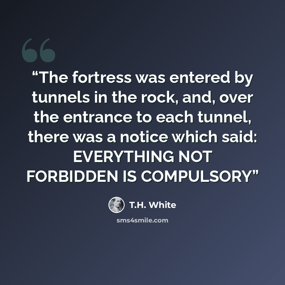 “The fortress was entered by tunnels in the rock, and, over the entrance to each tunnel, there was a notice which said: EVERYTHING NOT FORBIDDEN IS COMPULSORY” quote by T.H. White