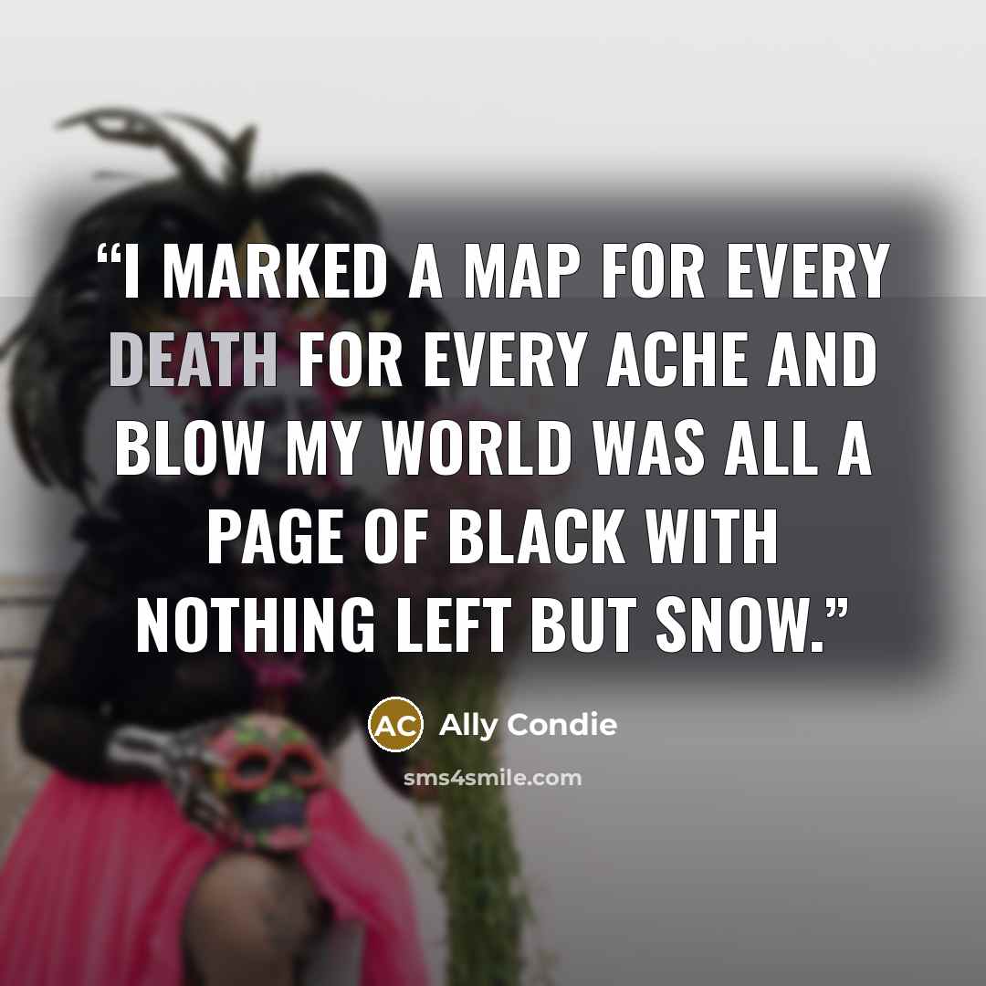 “I marked a map for every death For every ache and blow My world was all a page of black With nothing left but snow.” quote by Ally Condie