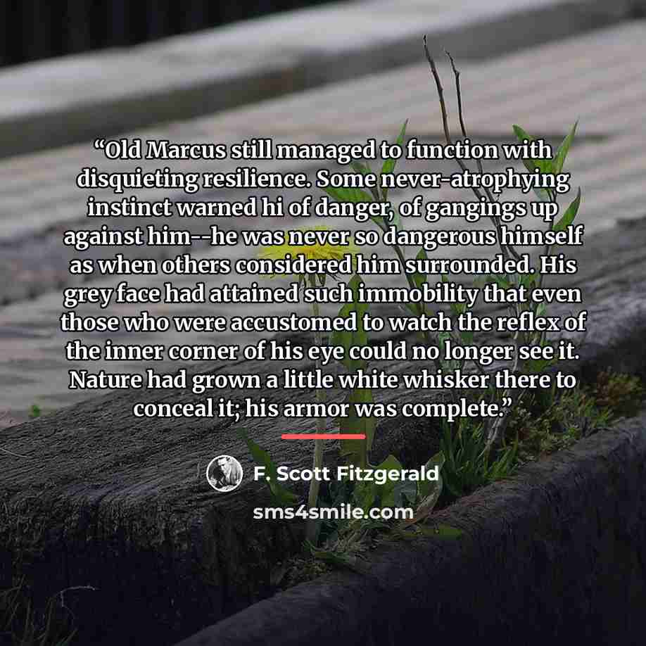 “Old Marcus still managed to function with disquieting resilience. Some never-atrophying instinct warned hi of danger, of gangings up against him--he was never so dangerous himself as when others considered him surrounded. His grey face had attained such immobility that even those who were…” quote by F. Scott Fitzgerald