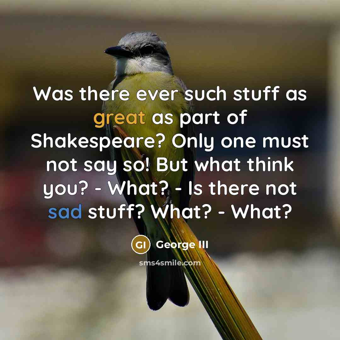 “Was there ever such stuff as great as part of Shakespeare? Only one must not say so! But what think you? - What? - Is there not sad stuff? What? - What?” quote by George III