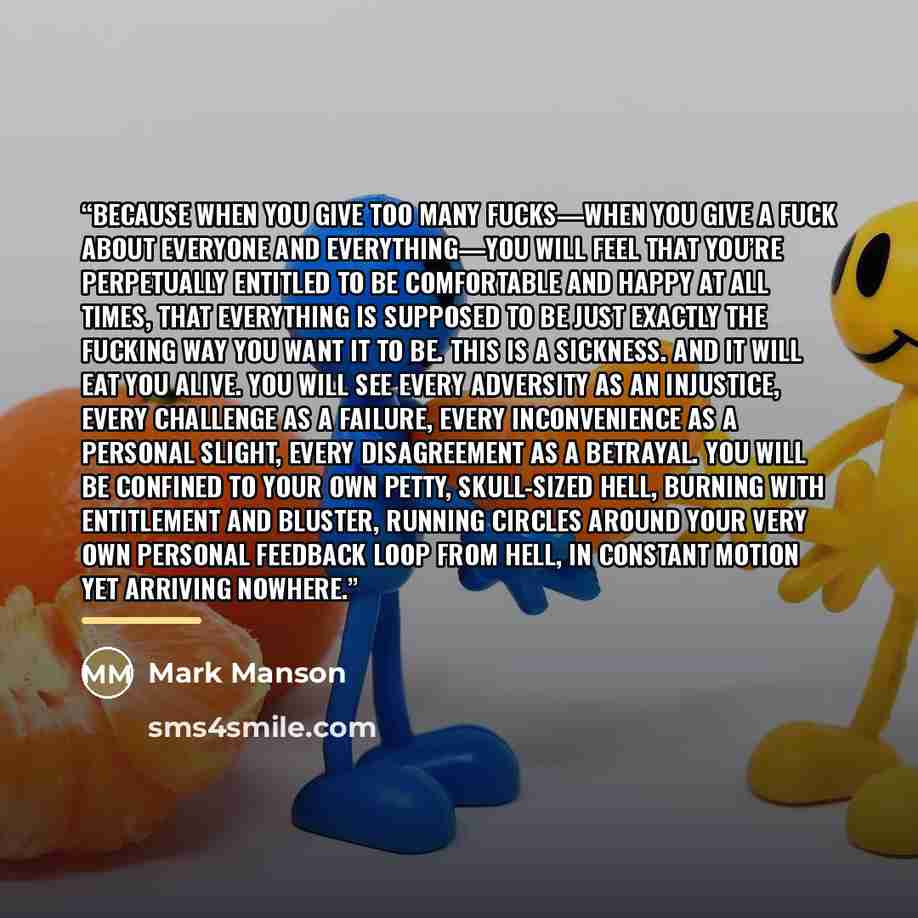 “Because when you give too many fucks—when you give a fuck about everyone and everything—you will feel that you’re perpetually entitled to be comfortable and happy at all times, that everything is supposed to be just exactly the fucking way you want it to be. This is a sickness. And it will eat you…” quote by Mark Manson