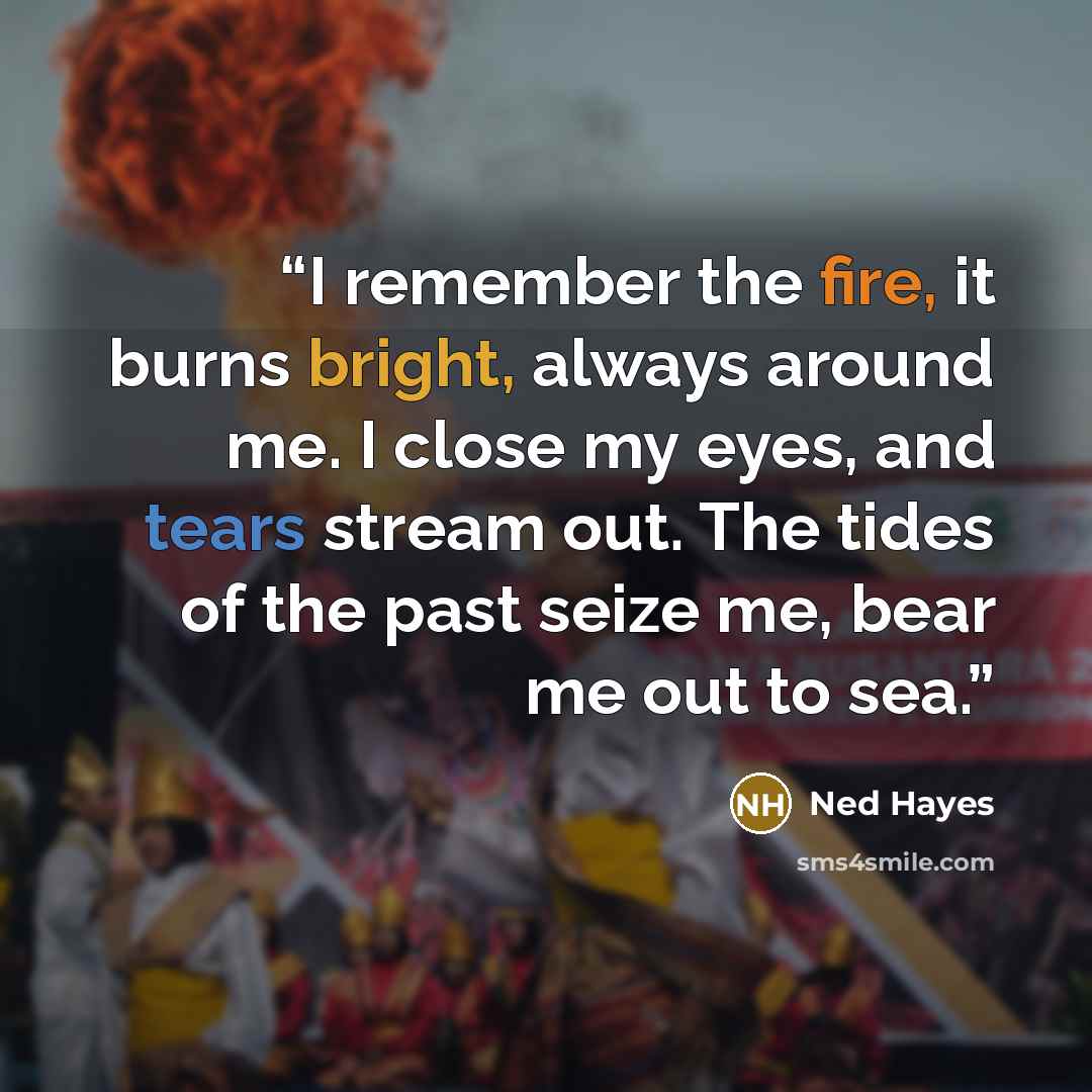 “I remember the fire, it burns bright, always around me. I close my eyes, and tears stream out. The tides of the past seize me, bear me out to sea.” quote by Ned Hayes