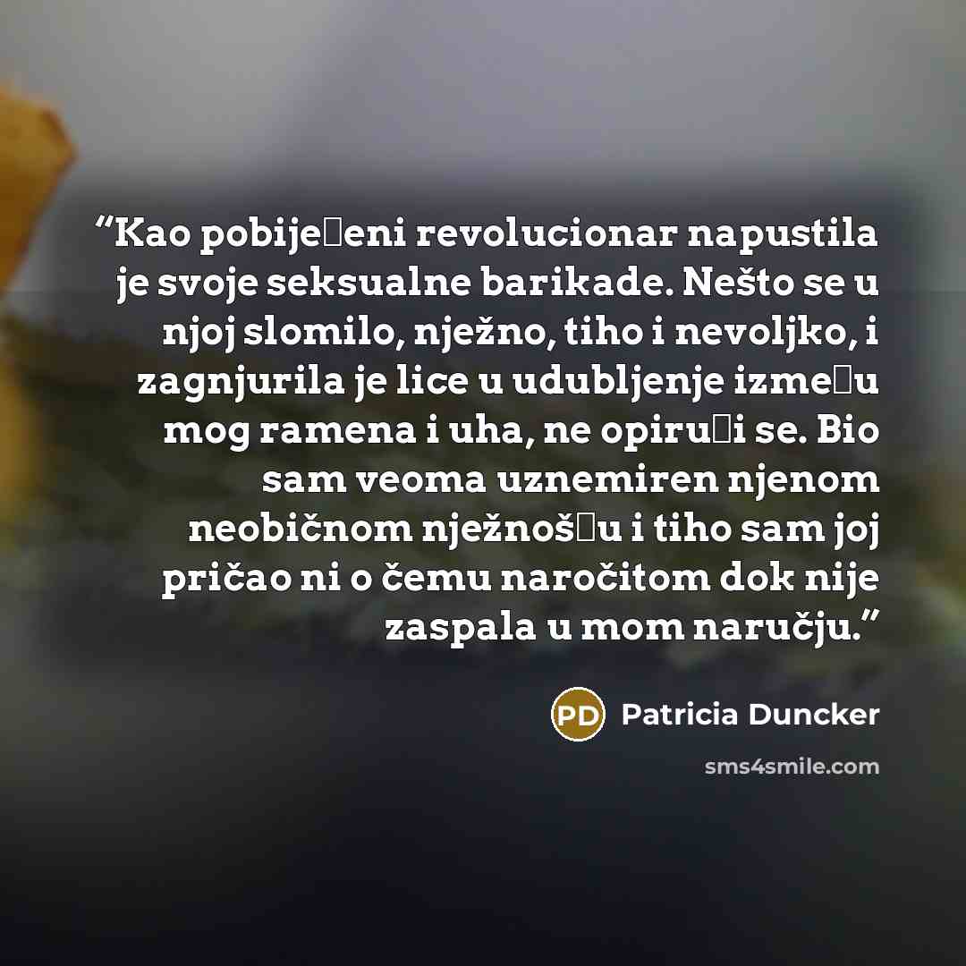 “Kao pobijeđeni revolucionar napustila je svoje seksualne barikade. Nešto se u njoj slomilo, nježno, tiho i nevoljko, i zagnjurila je lice u udubljenje između mog ramena i uha, ne opirući se. Bio sam veoma uznemiren njenom neobičnom nježnošću i tiho sam joj pričao ni o čemu naročitom dok nije…” quote by Patricia Duncker