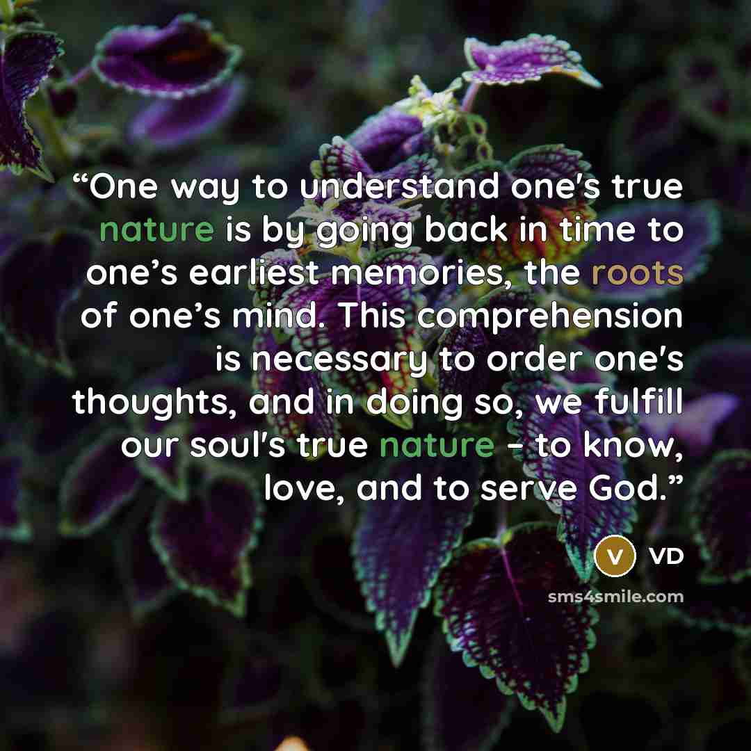 “One way to understand one's true nature is by going back in time to one’s earliest memories, the roots of one’s mind. This comprehension is necessary to order one's thoughts, and in doing so, we fulfill our soul's true nature – to know, love, and to serve God.” quote by VD
