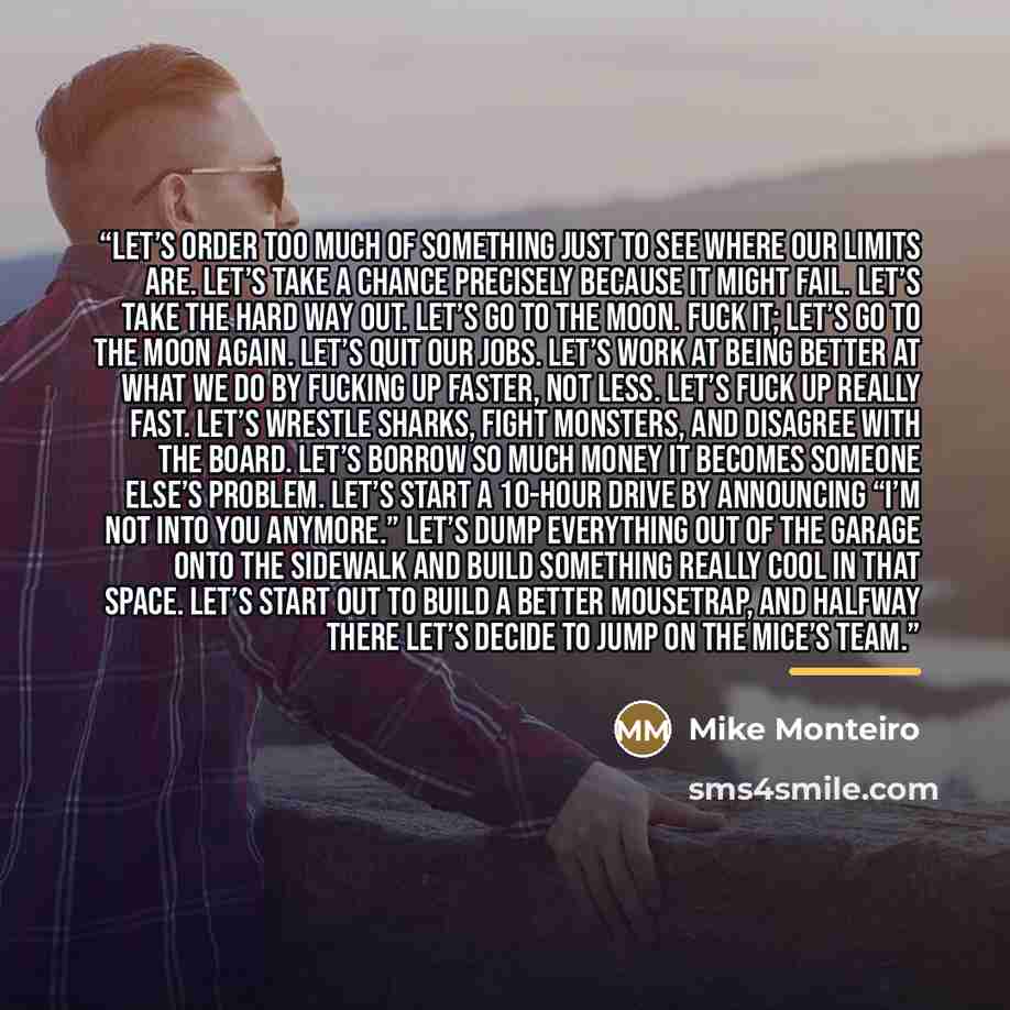 “Let’s order too much of something just to see where our limits are. Let’s take a chance precisely because it might fail. Let’s take the hard way out. Let’s go to the moon. Fuck it; let’s go to the moon again. Let’s quit our jobs. Let’s work at being better at what we do by fucking up faster, not…” quote by Mike Monteiro