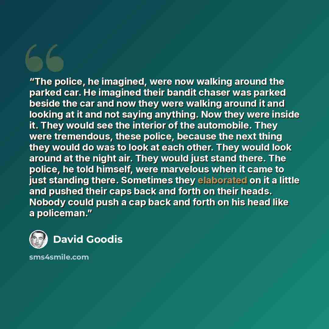 “The police, he imagined, were now walking around the parked car. He imagined their bandit chaser was parked beside the car and now they were walking around it and looking at it and not saying anything. Now they were inside it. They would see the interior of the automobile. They were tremendous…” quote by David Goodis