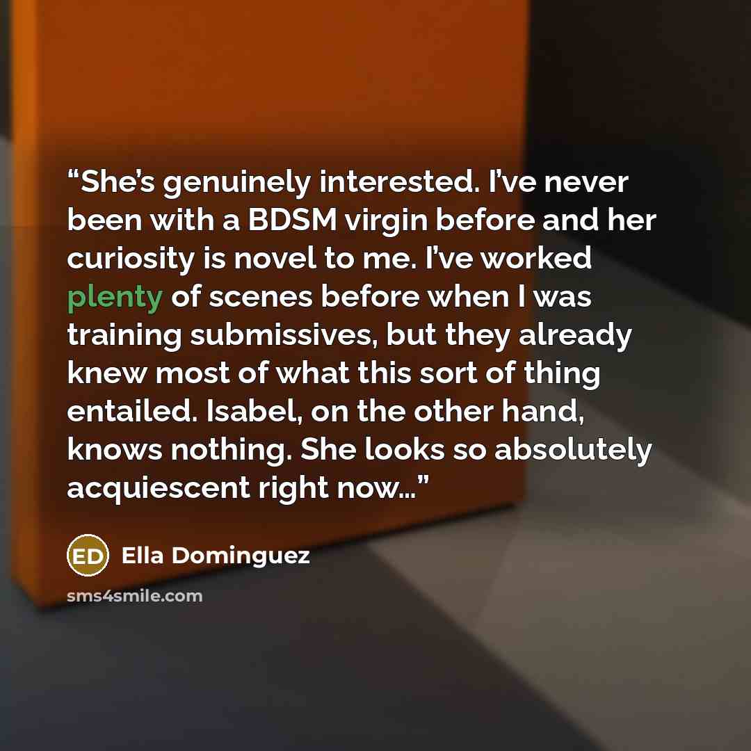 “She’s genuinely interested. I’ve never been with a BDSM virgin before and her curiosity is novel to me. I’ve worked plenty of scenes before when I was training submissives, but they already knew most of what this sort of thing entailed. Isabel, on the other hand, knows nothing. She looks so…” quote by Ella Dominguez