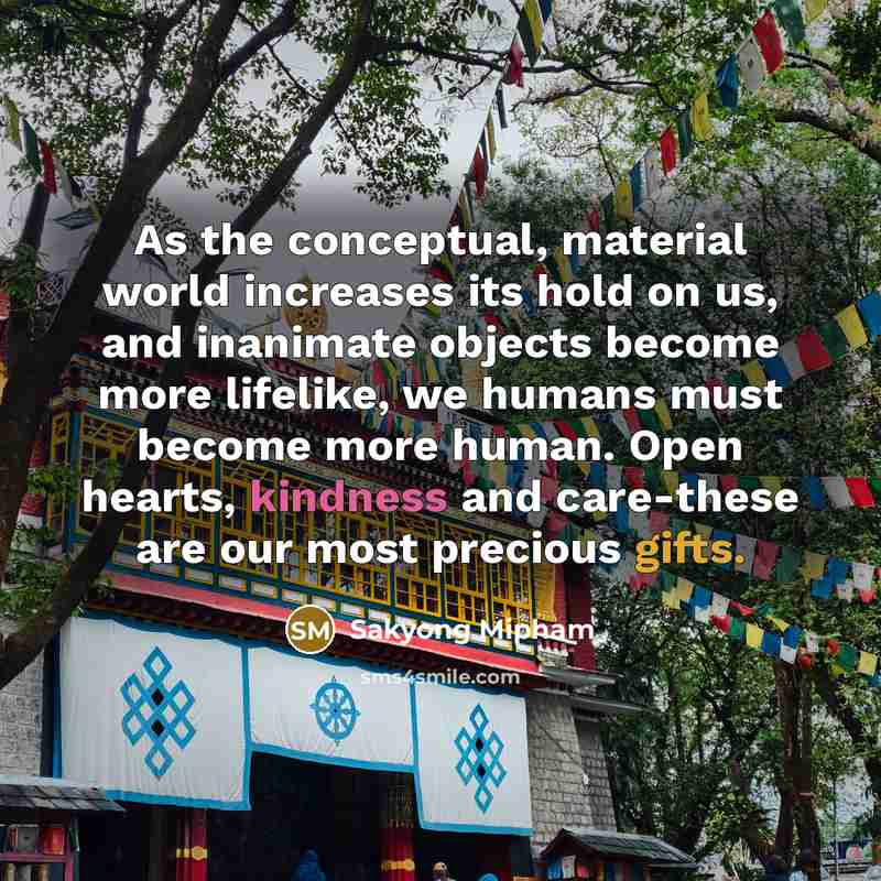 “As the conceptual, material world increases its hold on us, and inanimate objects become more lifelike, we humans must become more human. Open hearts, kindness and care-these are our most precious gifts.” quote by Sakyong Mipham