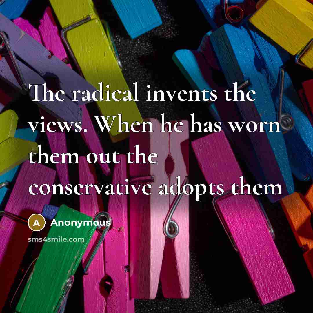 “The radical invents the views. When he has worn them out the conservative adopts them” quote by Anonymous