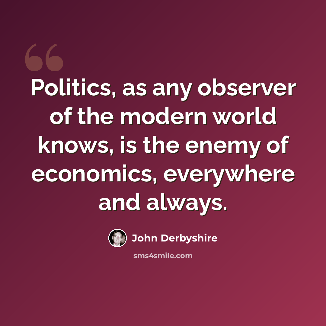 “Politics, as any observer of the modern world knows, is the enemy of economics, everywhere and always.” quote by John Derbyshire