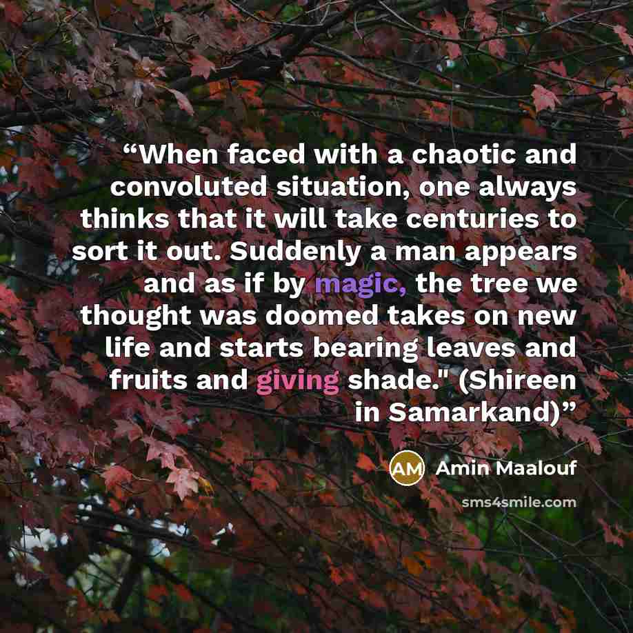 “When faced with a chaotic and convoluted situation, one always thinks that it will take centuries to sort it out. Suddenly a man appears and as if by magic, the tree we thought was doomed takes on new life and starts bearing leaves and fruits and giving shade." (Shireen in Samarkand)” quote by Amin Maalouf