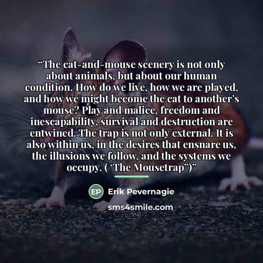 “The cat-and-mouse scenery is not only about animals, but about our human condition. How do we live, how we are played, and how we might become the cat to another’s mouse? Play and malice, freedom and inescapability, survival and destruction are entwined. The trap is not only external. It is also…” quote by Erik Pevernagie